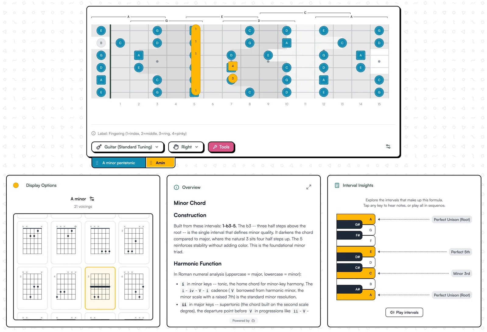 Same chord shown in notes, intervals, and fingerings across multiple display modes