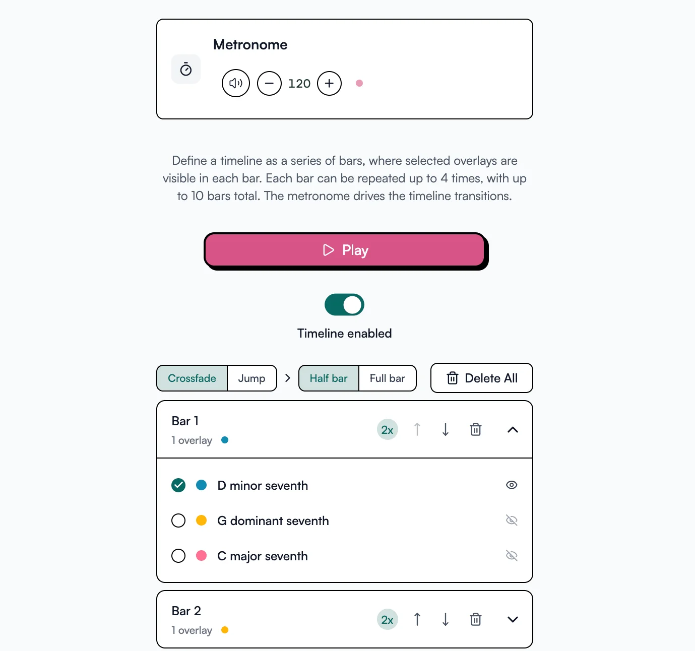 Metronome and timeline tool with synced fretboard visualization