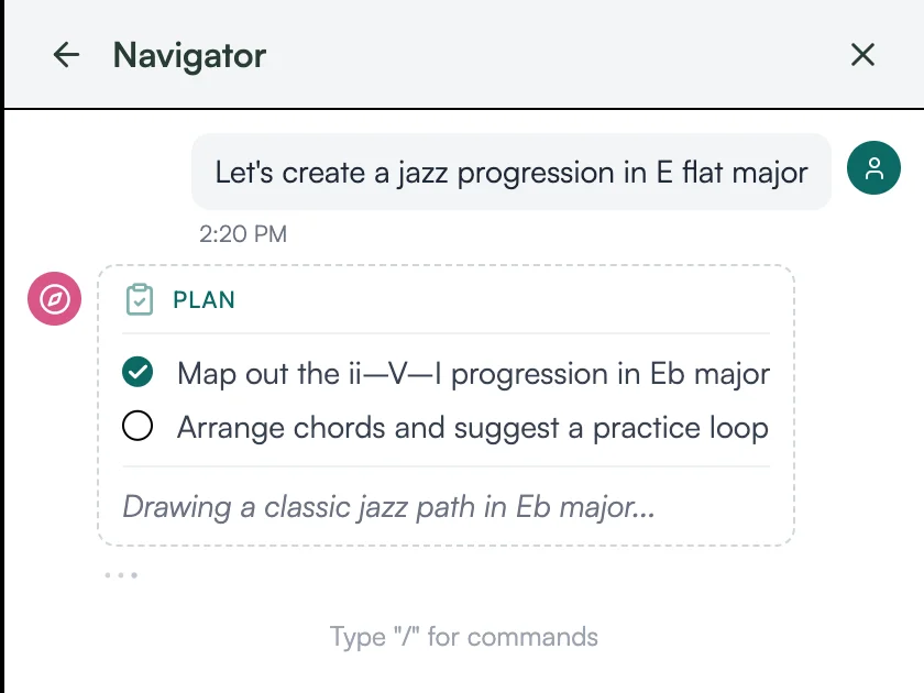 The Navigator panel running a plan: both checklist steps ticked while the answer streams in