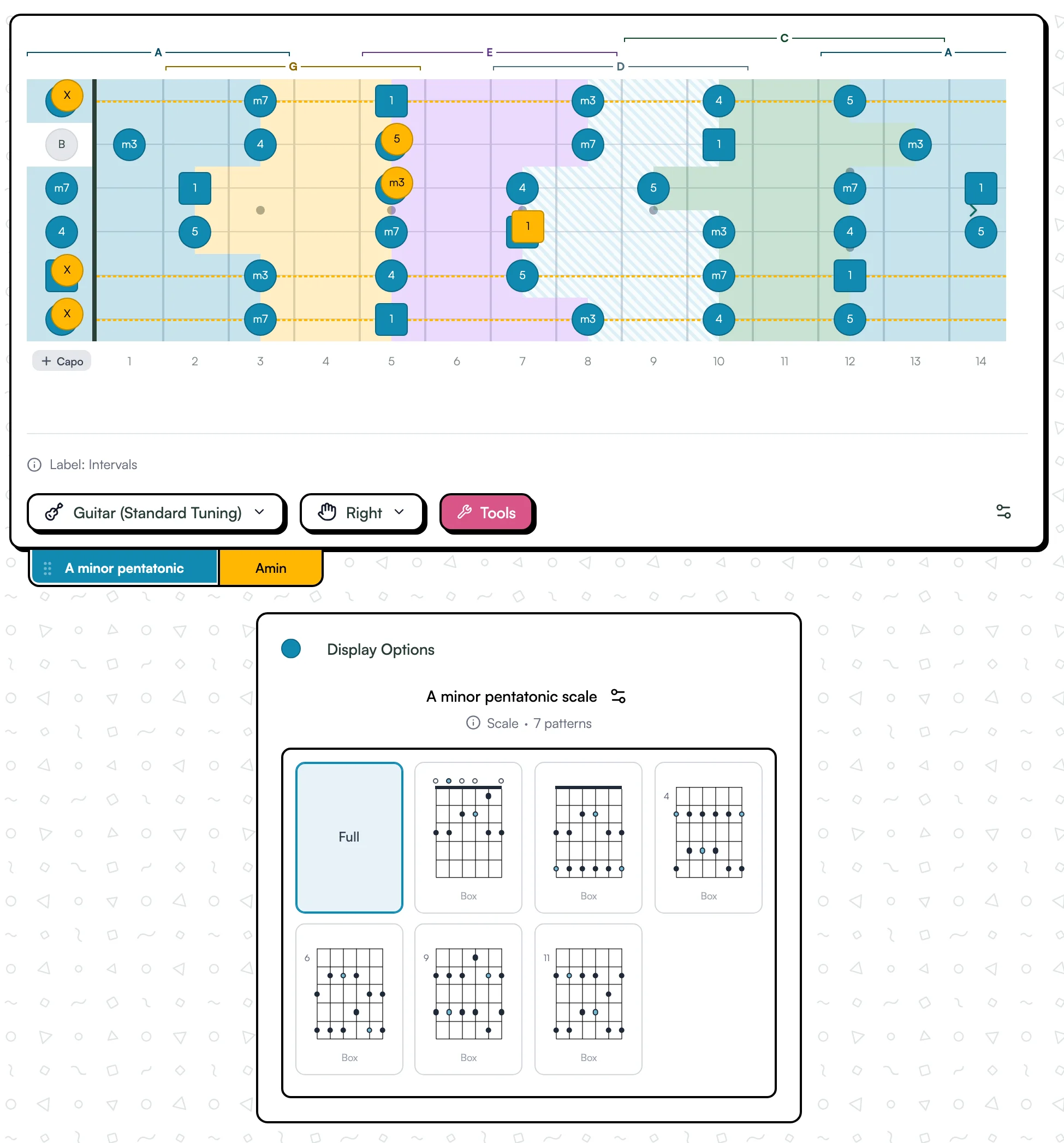 A fretboard stacking the A minor pentatonic scale, an Am voicing, and color-coded CAGED zones, with the scale's pattern selector below